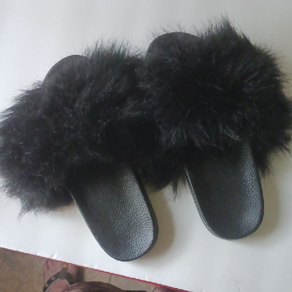 Black Furry Slide Sandals